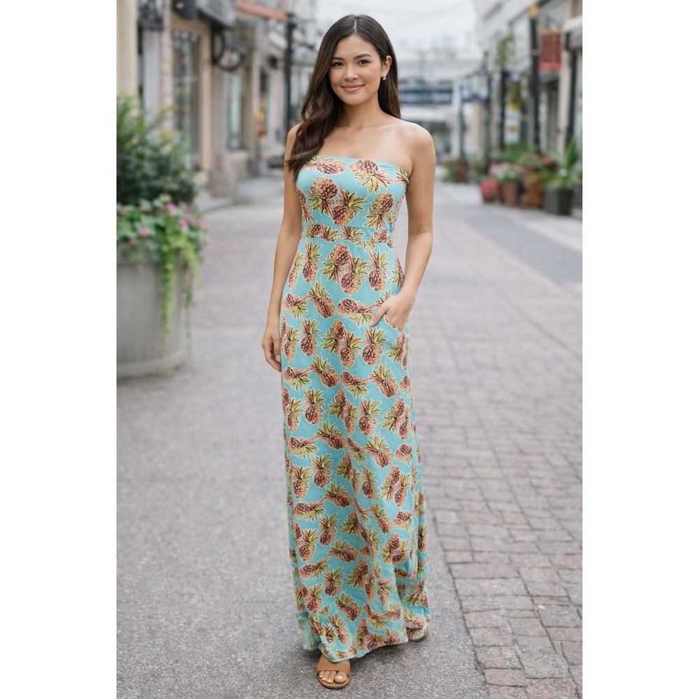 All For Color Maxi Dress Pineapple Print Strapless Tropical Turquoise Summer S